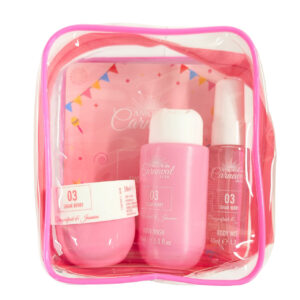 AMOUR DE CARNAVAL 03 SUGAR BERRY 4 PCS SET FOR WOMEN: 1.3 BODY MIST + 1.7 BODY LOTION + 3 OZ BODY WASH + COSMETIC BAG
